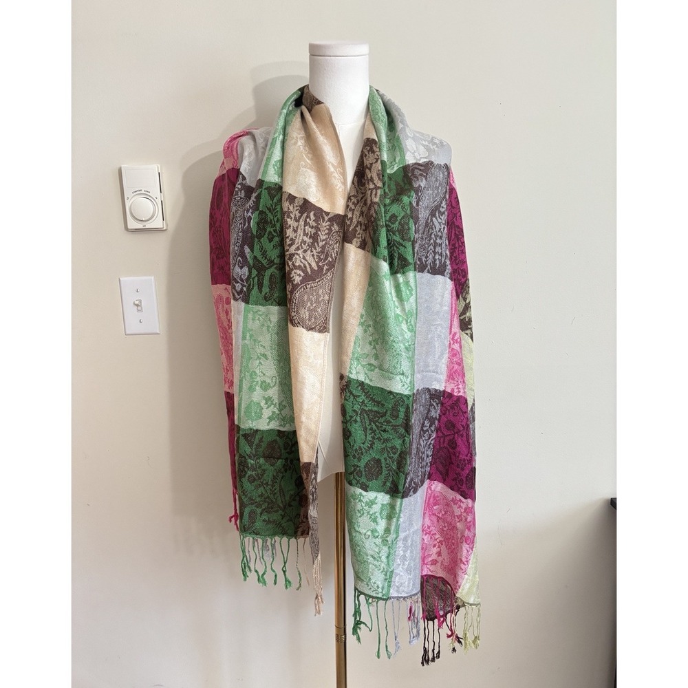 Colorful Plaid Pashmina Shawl Scarf Wrap Fringe Y2K Vibe Brown Pink Green Silk